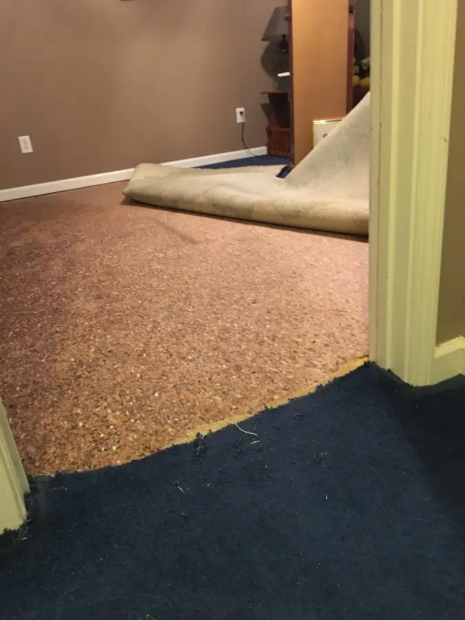 Carpet pad removal revealing water damage during Water Mitigation Services in Lee